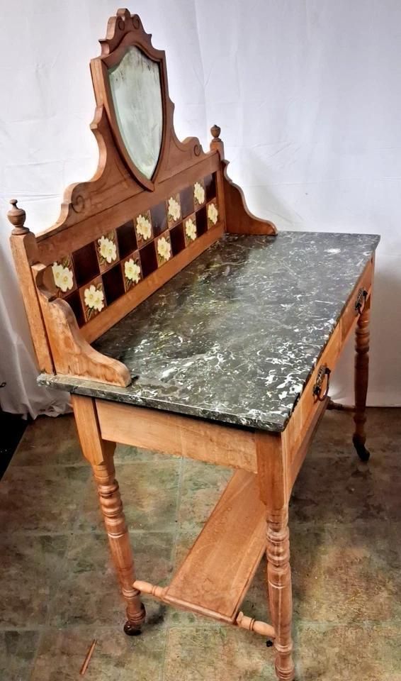 Antique Wash Stand With Marble Top And A Tarnished Mirror On Castors photo vinterior