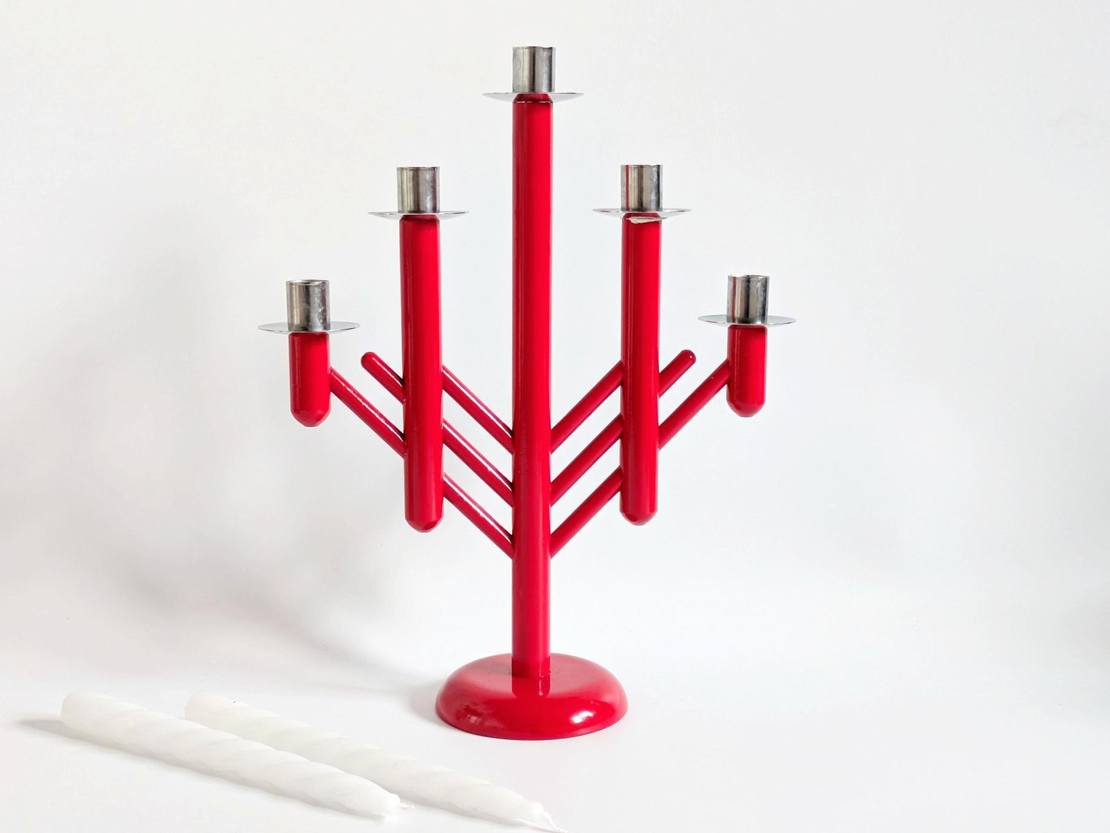 Vintage Aarikka Finland Rapsodia Christmas Candelabra, 1980s Red Wooden Candle Holder, Kaija Aarikka Scandinavian Design photo furniture