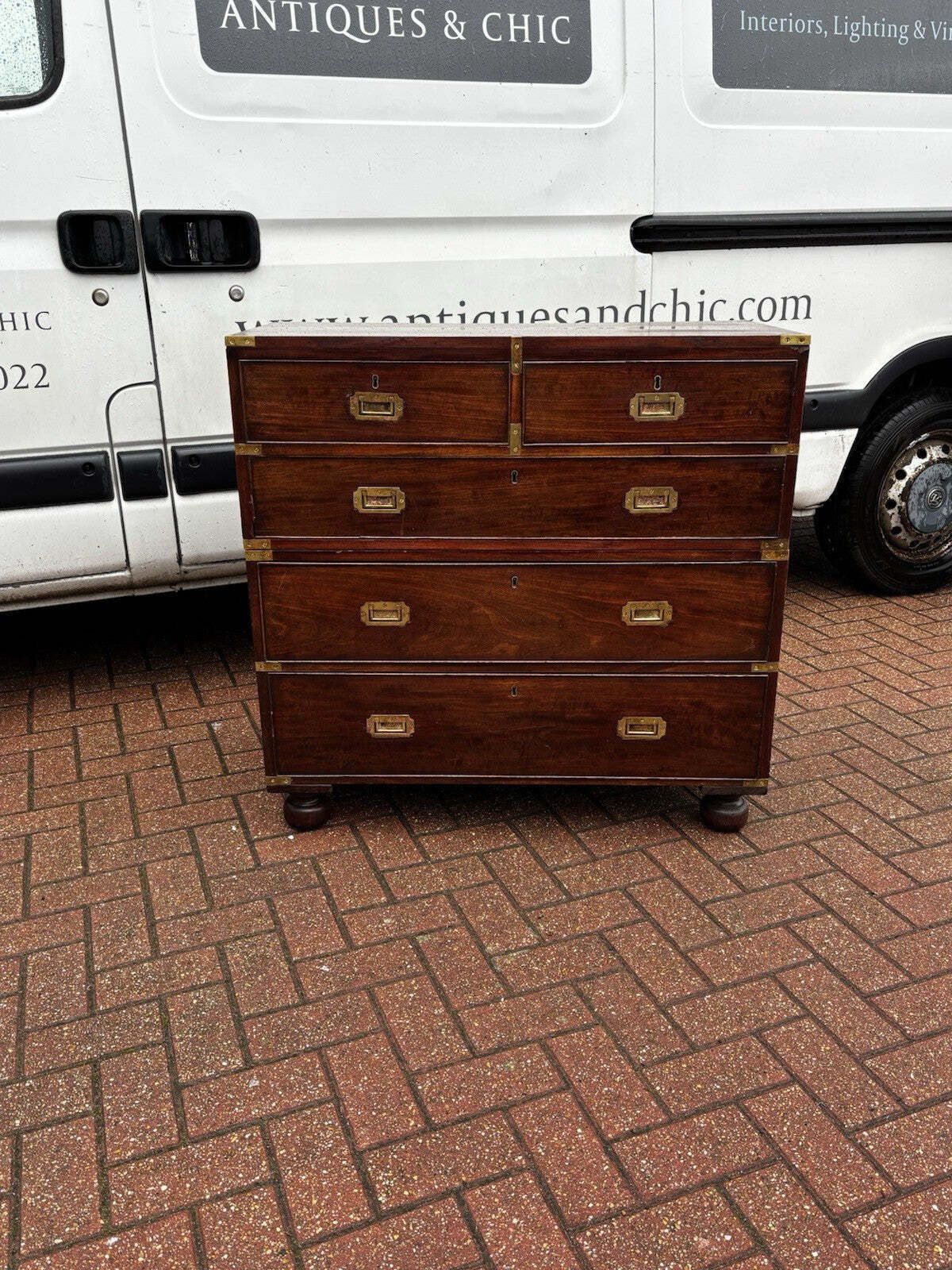 photo for sale Victorian Campaign Chest. Superb Patina, Fine Proportions, Splits In 2 Pieces.