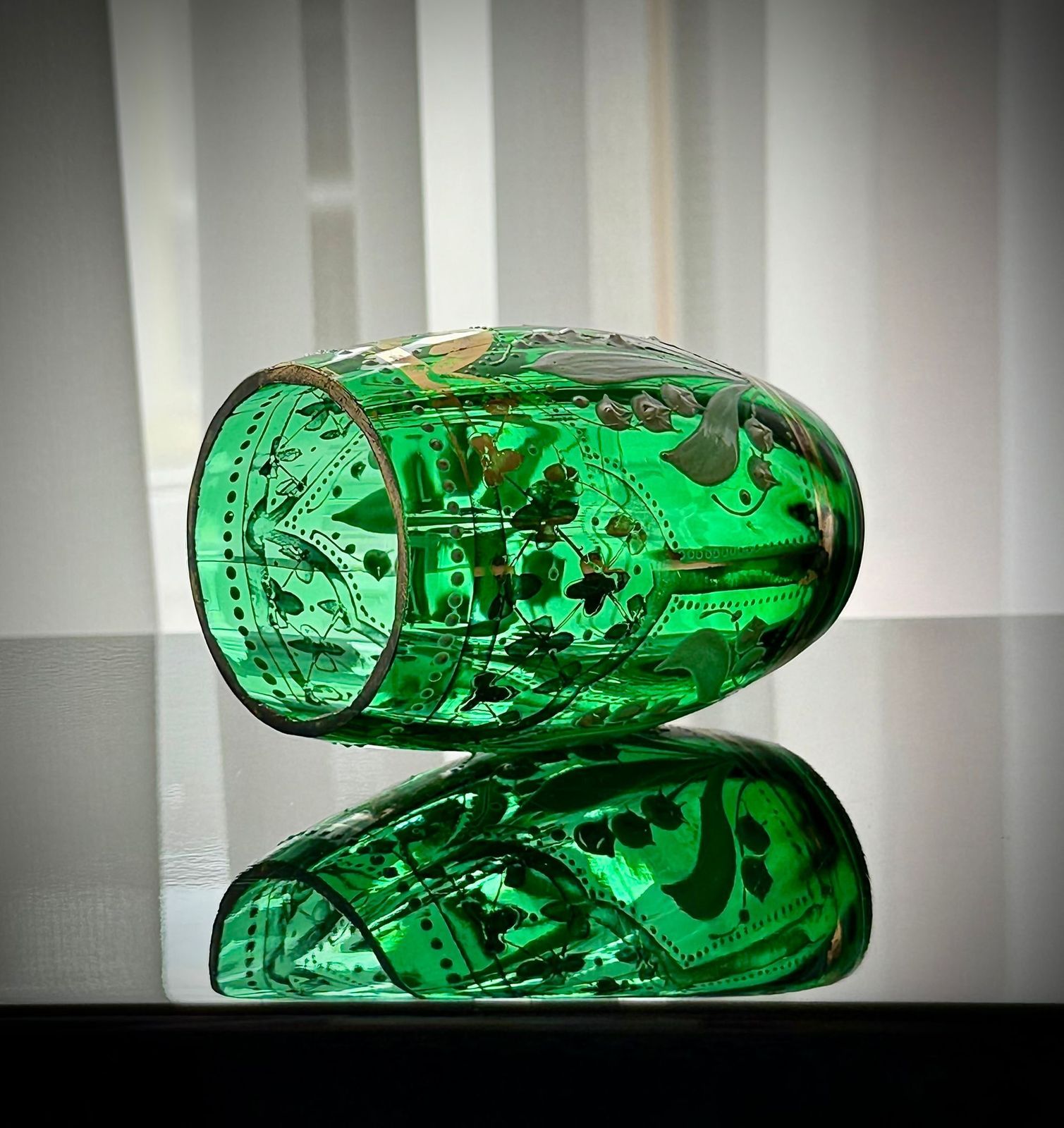 Victorian Green Glass Tumbler, Lily Of The Valley Enamel & Gilt, C.1880–1895 photo furniture
