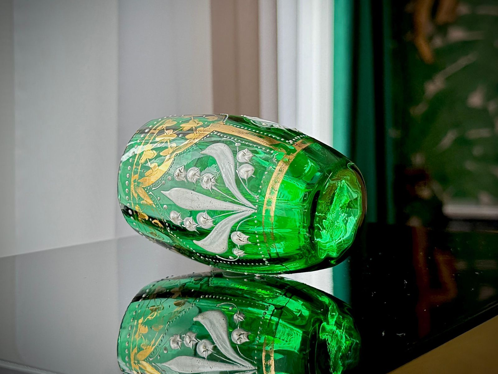 photo furniture Victorian Green Glass Tumbler, Lily Of The Valley Enamel & Gilt, C.1880–1895