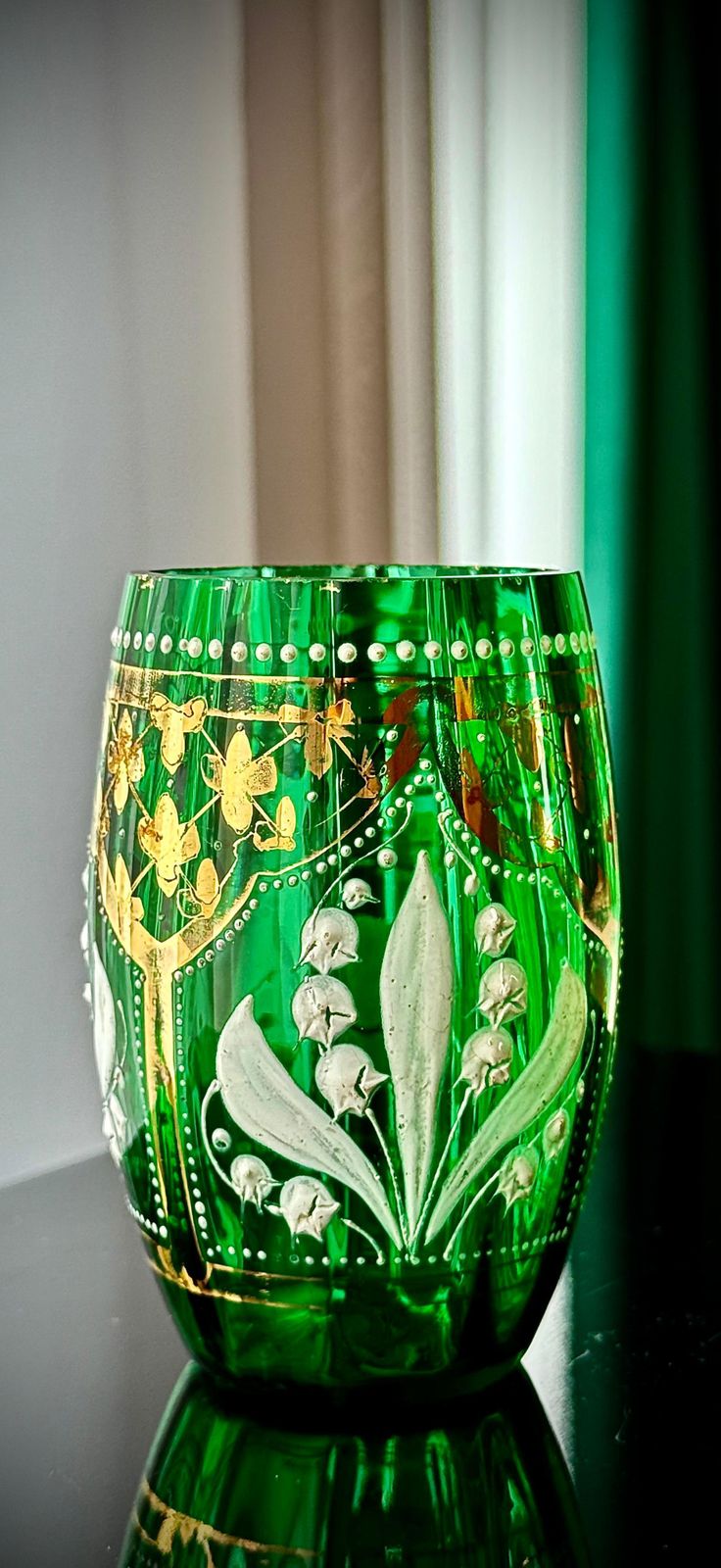 photo for sale Victorian Green Glass Tumbler, Lily Of The Valley Enamel & Gilt, C.1880–1895