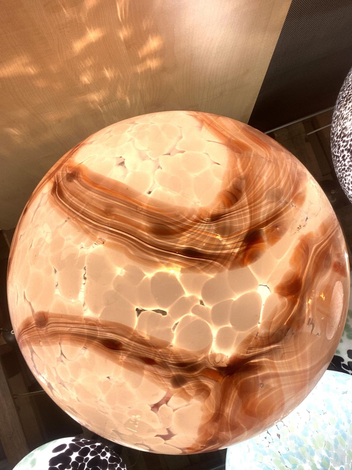 Contemporary Milky White Spot With Brown Sphere Pendant In Murano Glass photo for sale