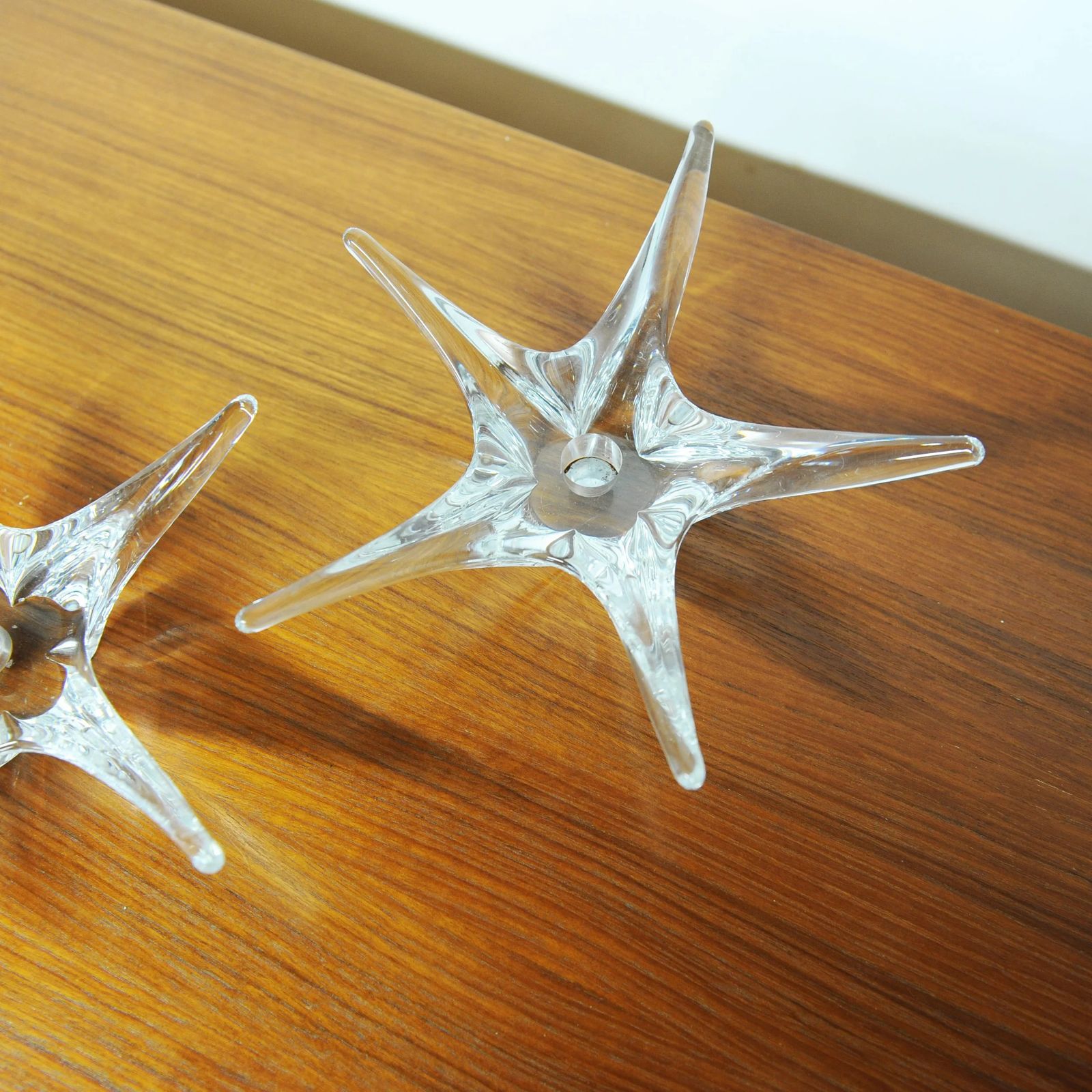 photo furniture Pair Of Signed Star Shaped Crystal Candlestick Holders By Daum France, 1970s