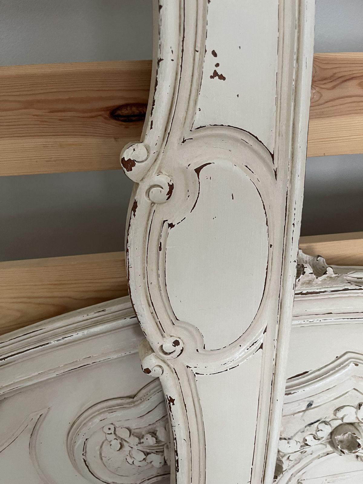 Antique French Louis XIV Style Double Bed   Cream Distressed photo for sale