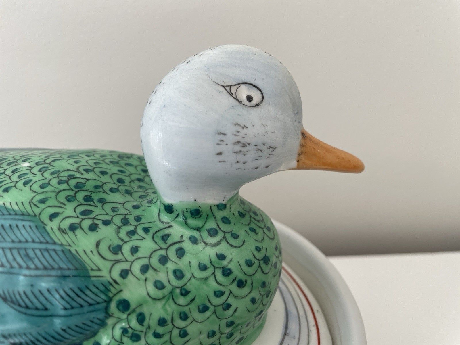 Vintage Chinese Hand Painted Famille Verte Porcelain Duck Tureen Egg Basket Pot photo vintage