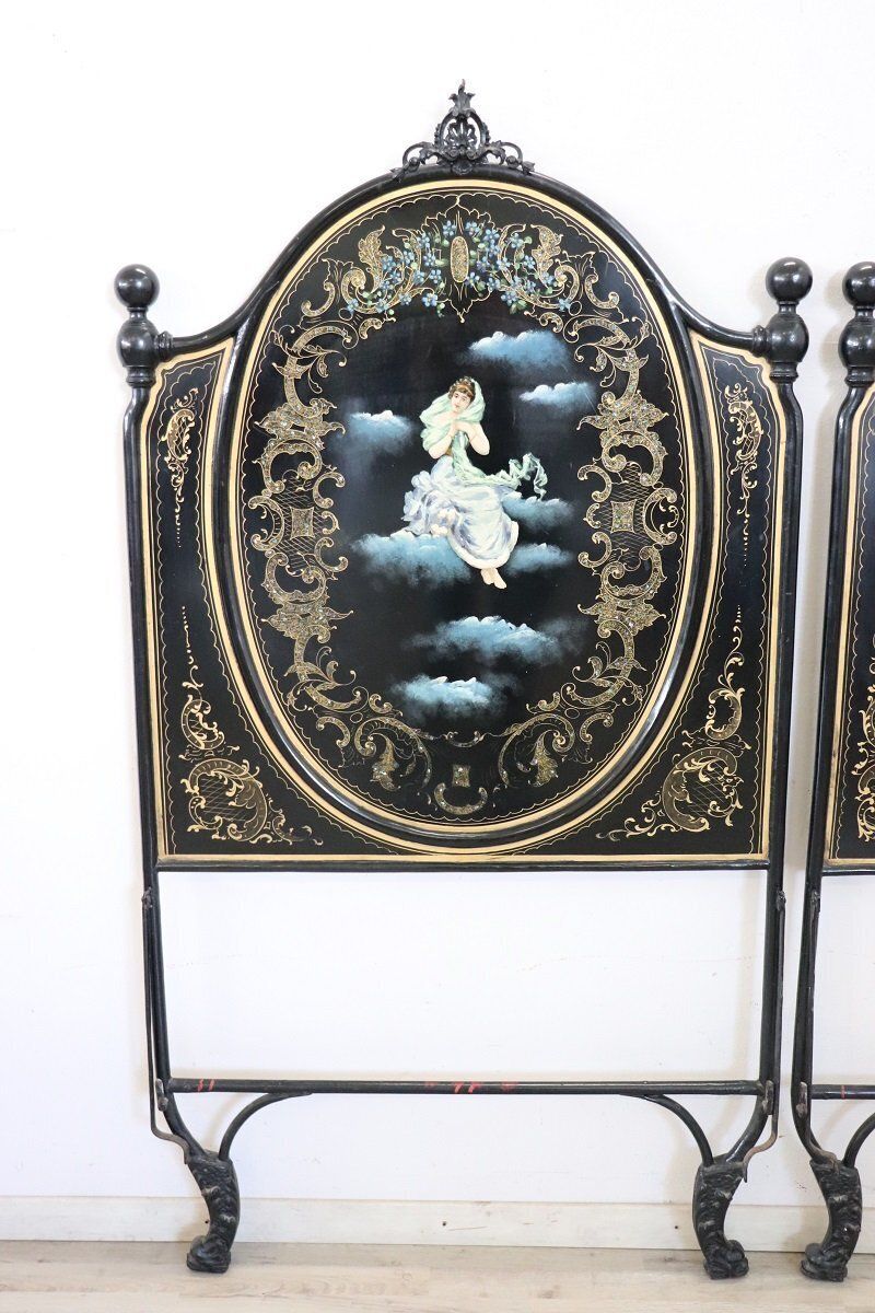 Iron Single Beds With Hand Painted Decorations, Set Of 2 photo for sale