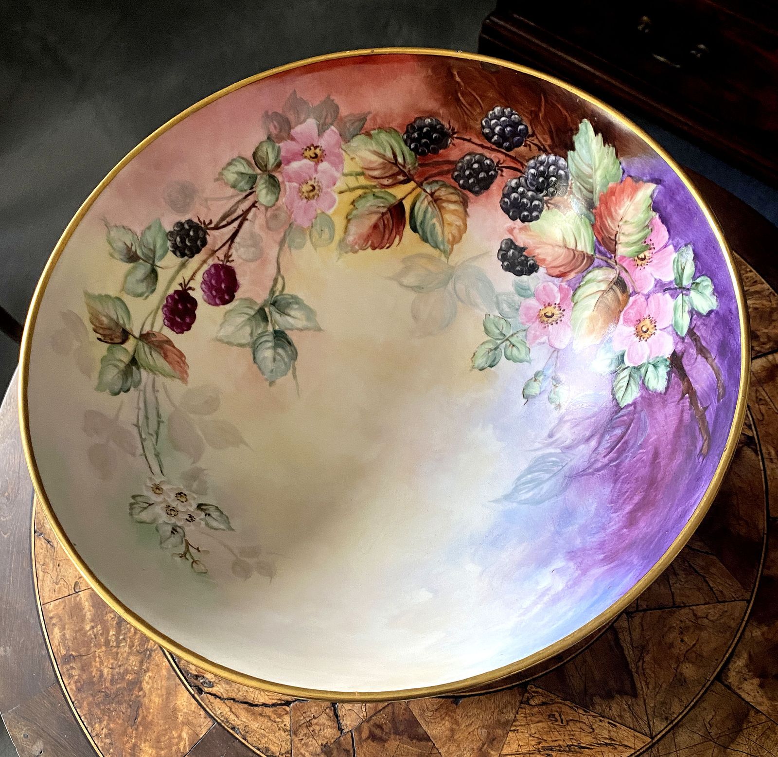 Magnificent Hand Painted, Artist Signed, Blackberries And Wild Roses, T&V Limoges French Punchbowl, 13” And Plateau photo for sale
