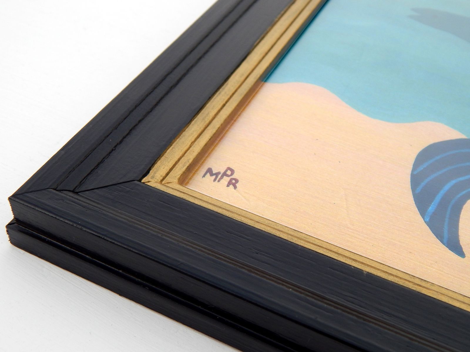 Naive Mermaid Folk Art Print With Sailboat, Ocean Waves, And Hand Painted Black Frame By Matt Rix photo vintage
