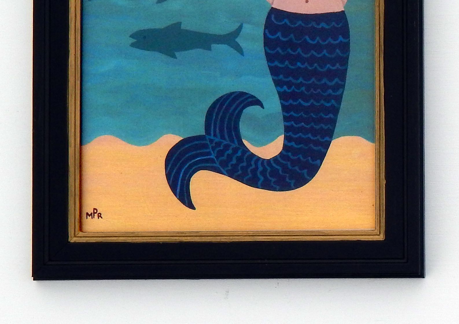 Art Naive Mermaid Folk Art Print With Sailboat, Ocean Waves, And Hand Painted Black Frame By Matt Rix photo