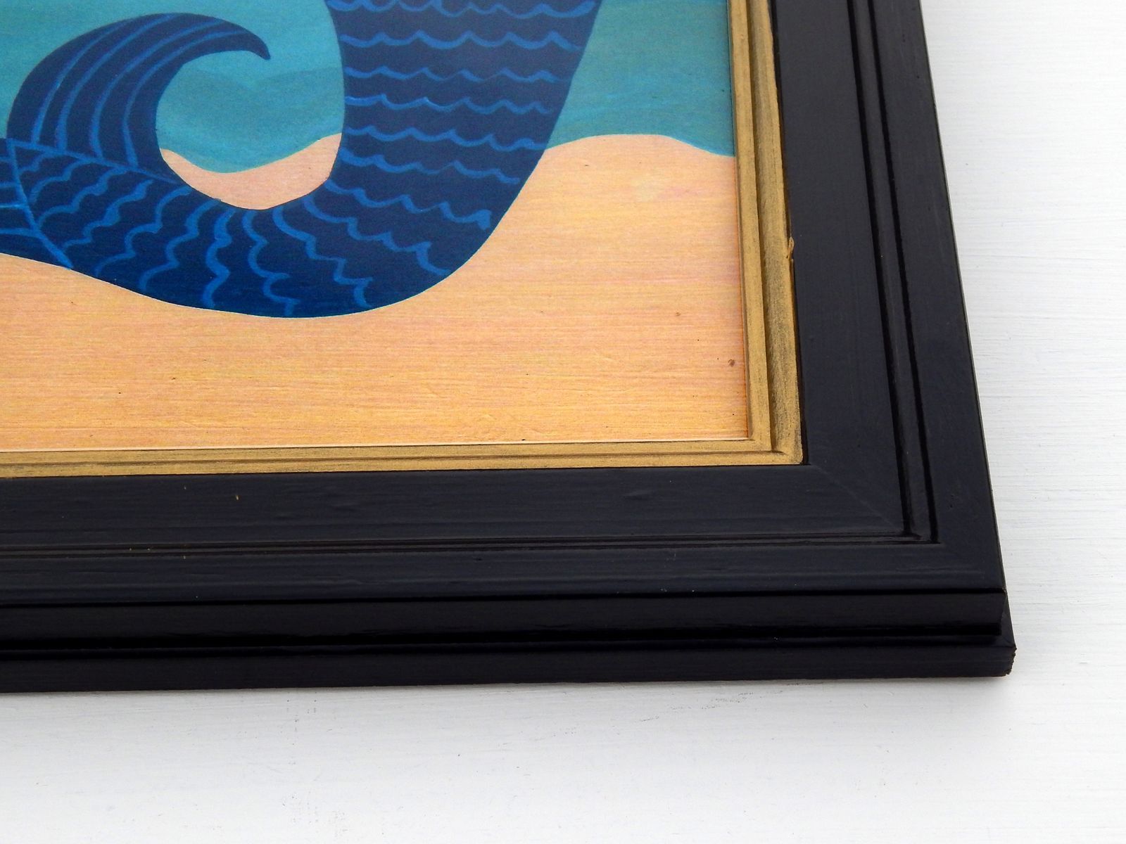 photo for sale Naive Mermaid Folk Art Print With Sailboat, Ocean Waves, And Hand Painted Black Frame By Matt Rix