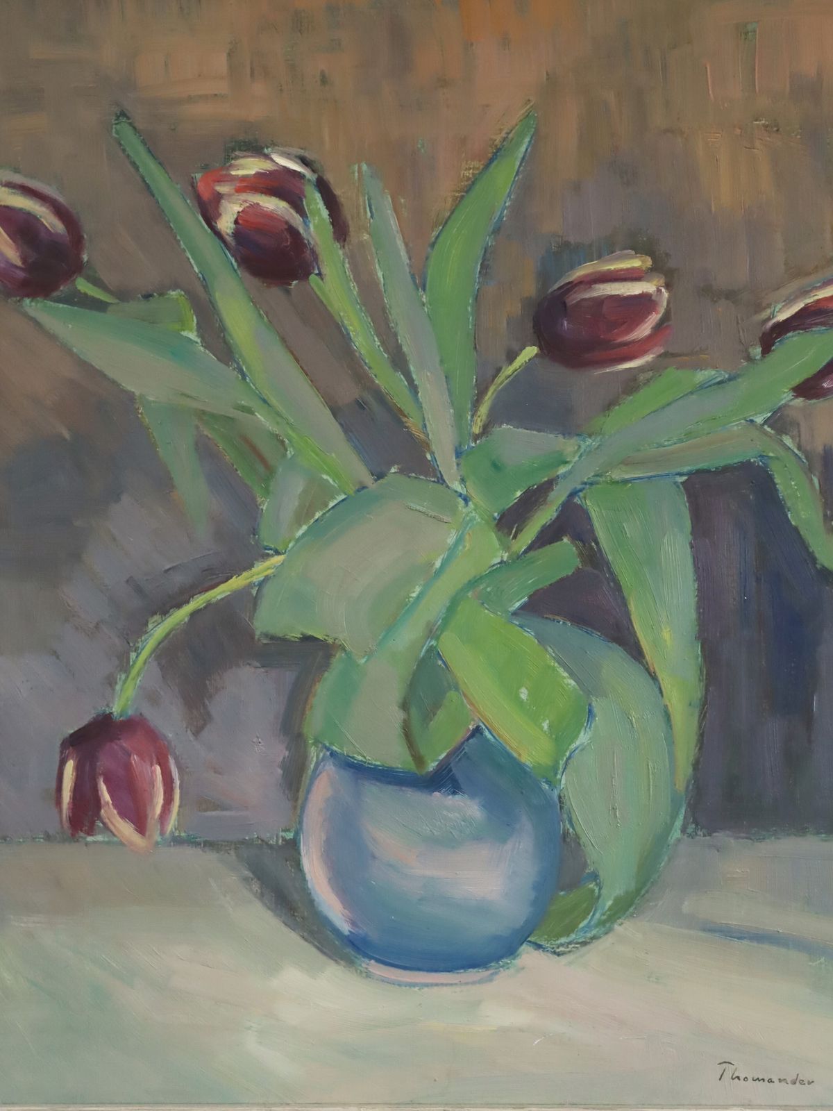 Tulips In A Blue Vase Oil Painting photo vintage