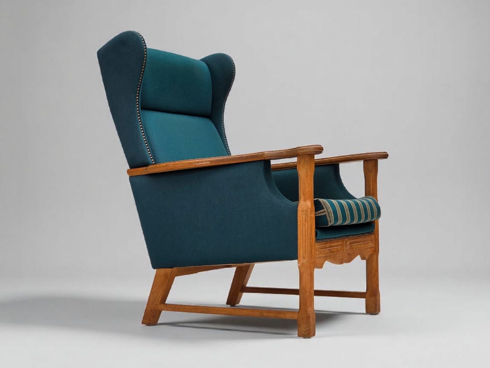1970s, Danish Highback Armchair, Turkis Green Furniture Wool, Solid Oak Wood.