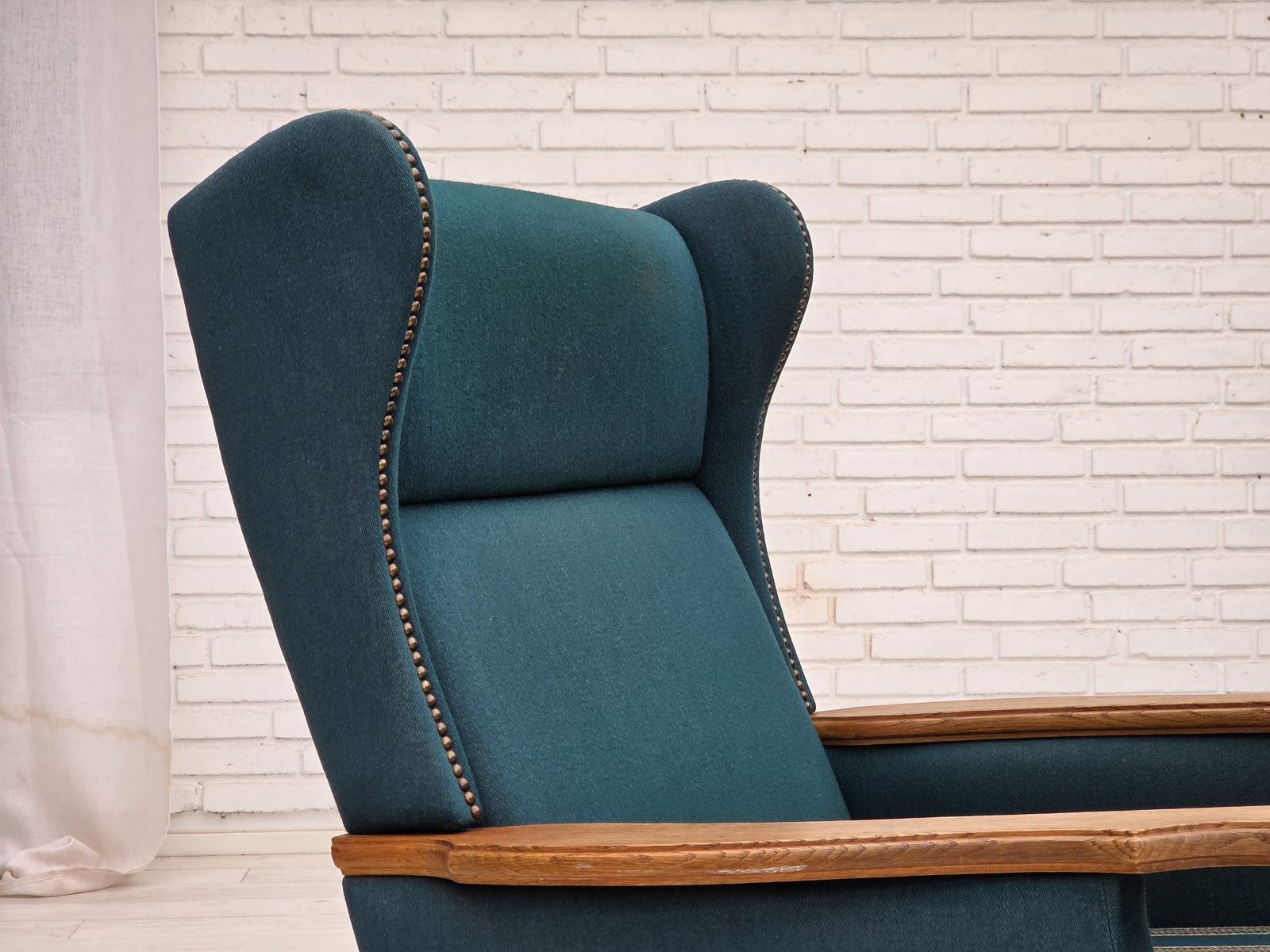 1970s, Danish Highback Armchair, Turkis Green Furniture Wool, Solid Oak Wood. photo vintage