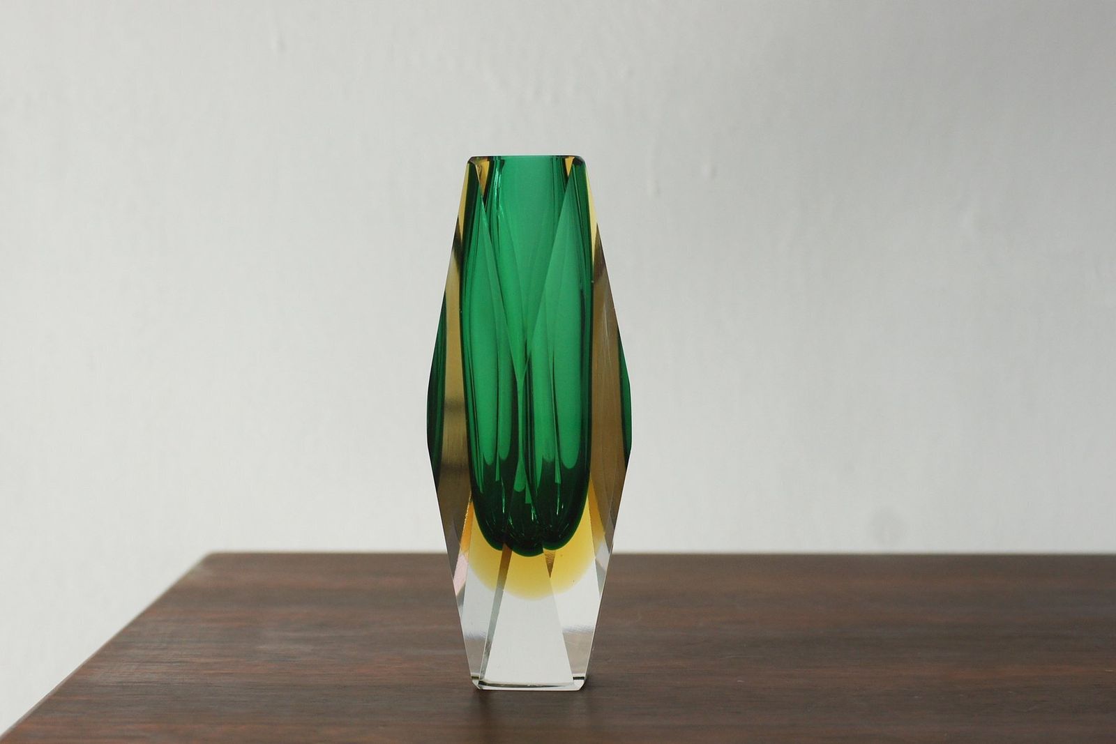 Green And Amber Sommerso Glass Faceted Vase photo for sale