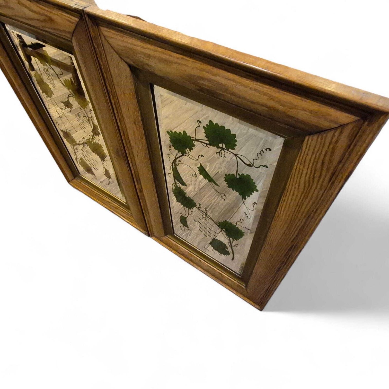 Antique Victorian Reverse Painted Mirror – Oak Frame Vine Design, Decorative Wall Mirror, 19th Century Home Decor photo vinterior