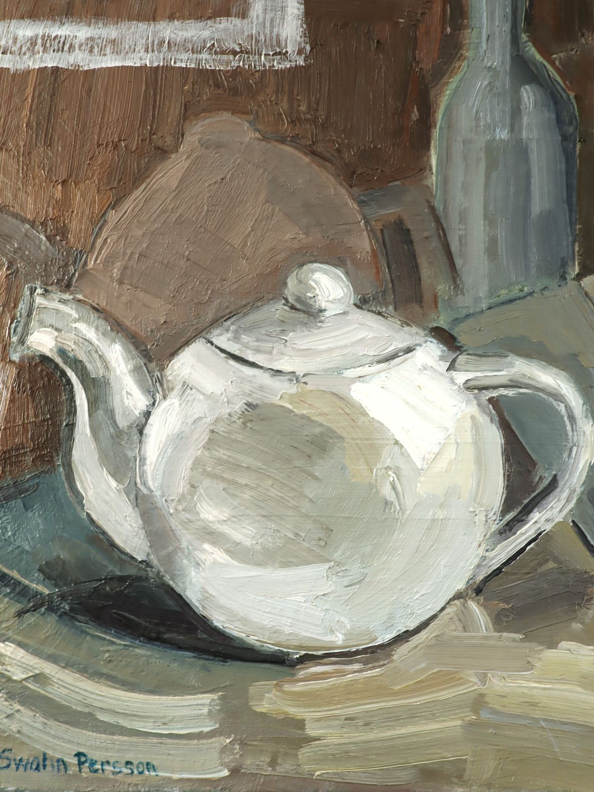 Teapot & Bottles Oil Painting, Mid 20th Century photo vintage