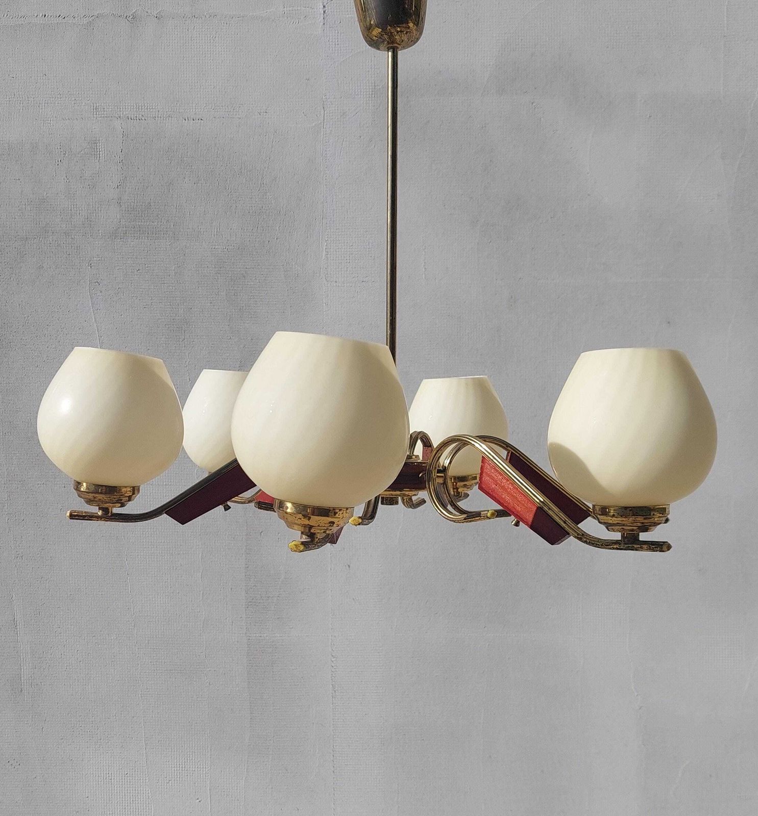Mid Century Brass Chandelier, 6 Arm Cream Glass Ceiling Light, Vintage Wood & Brass Pendant Lamp, Retro Lighting Fixture photo for sale