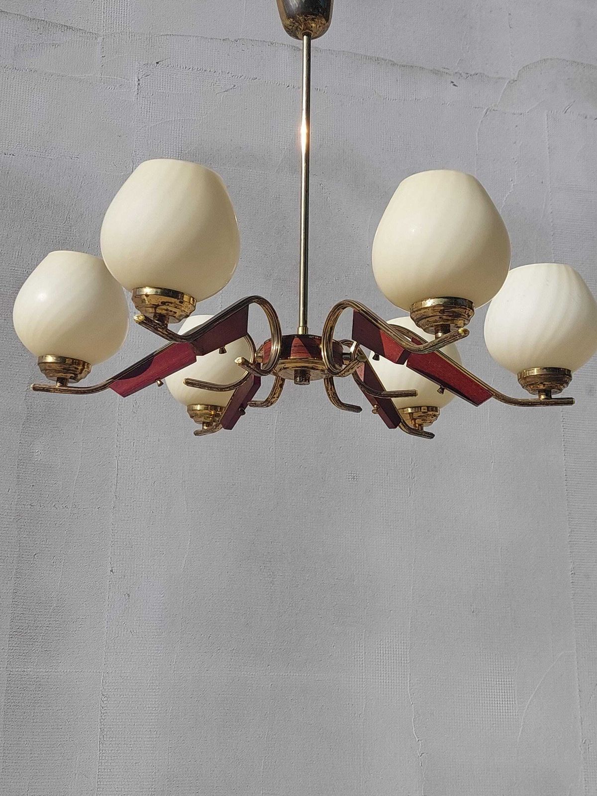 photo for sale Mid Century Brass Chandelier, 6 Arm Cream Glass Ceiling Light, Vintage Wood & Brass Pendant Lamp, Retro Lighting Fixture