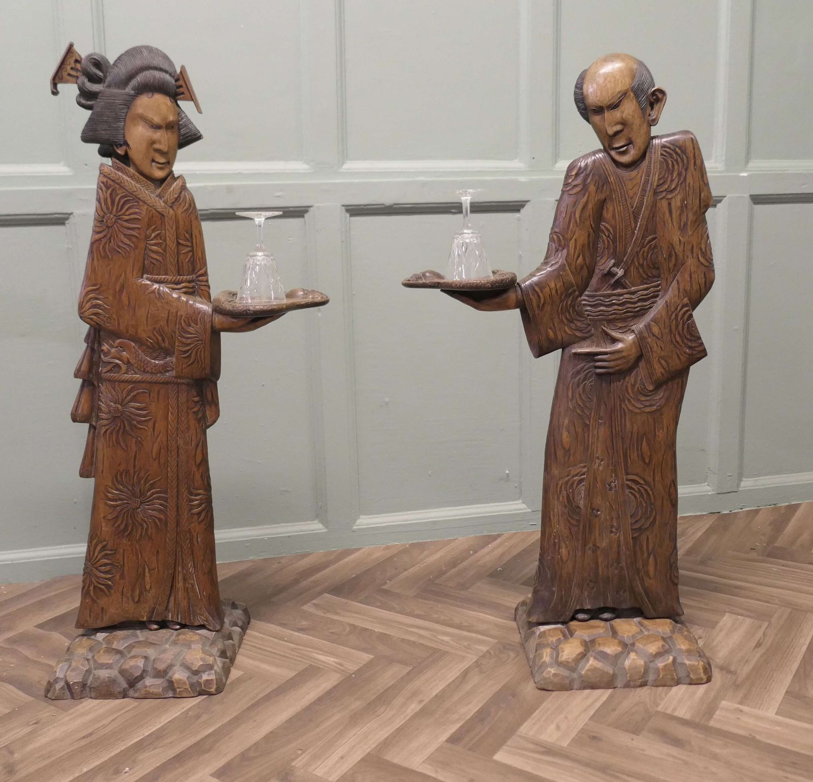 Pair Of Tall Carved Japanese Figures Dumb Waiters Or Card Butler photo furniture