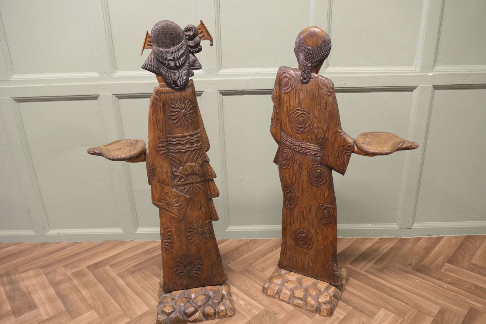 Pair Of Tall Carved Japanese Figures Dumb Waiters Or Card Butler photo for sale