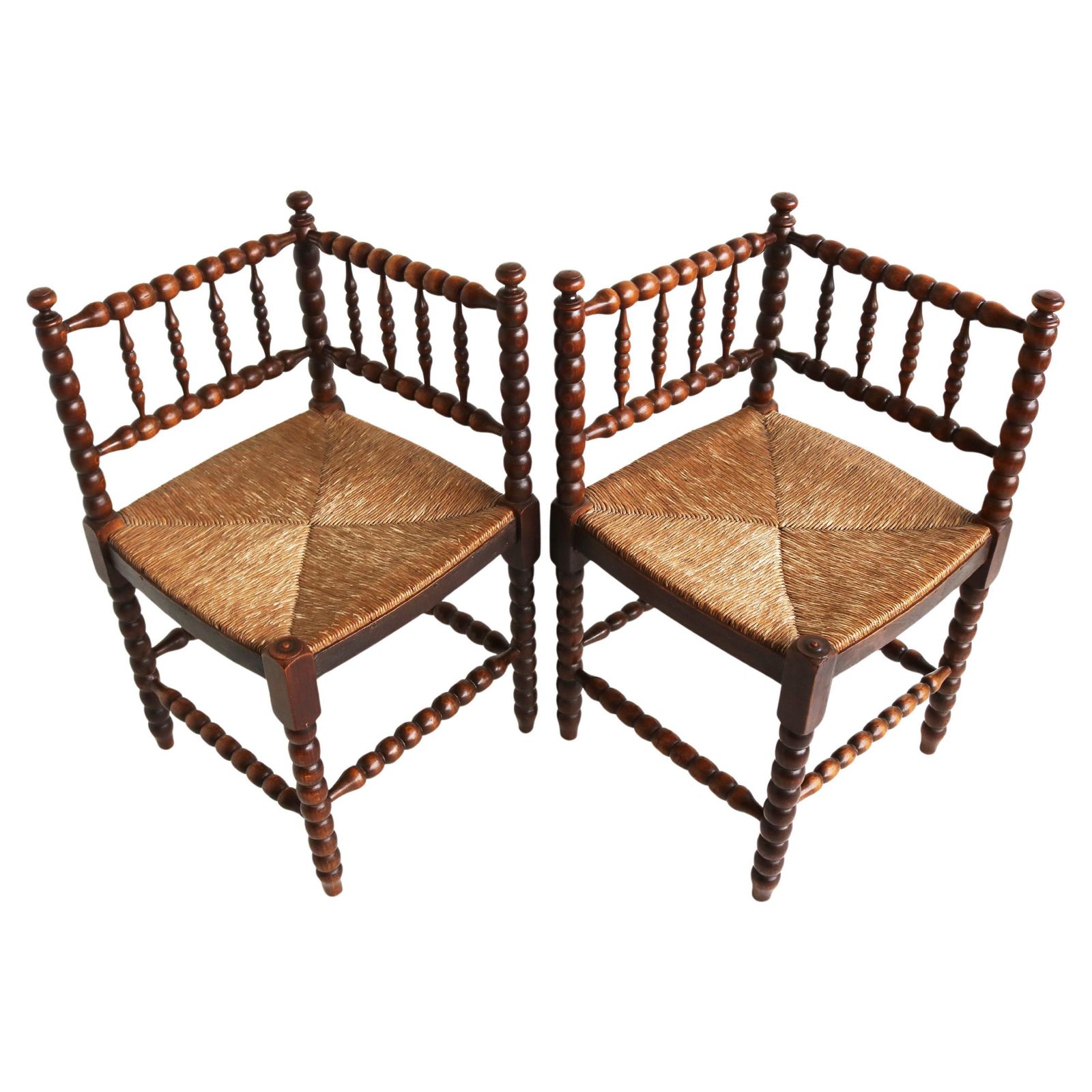 Typical Dutch Pair Antique Rush Seat Oak Corner Bobbin Side Knitting Chairs 1900