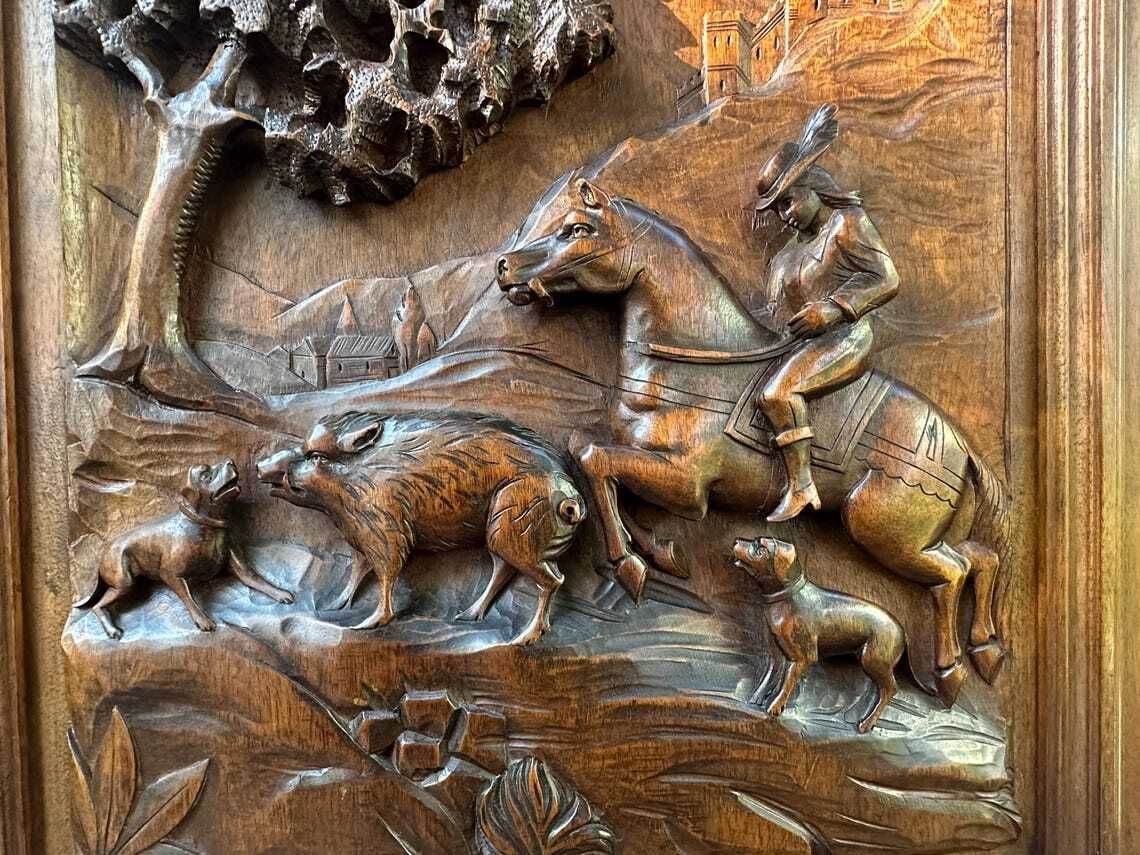 19th French Carved Walnut Door Hunting Scene Bas Relief With Horse Dogs And Boars Antique Wood Panel Architectural Art photo 545.0