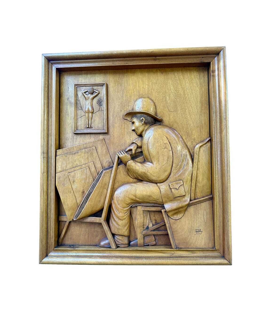 French Wood Relief Sculpture Signed Remy French Carved Walnut Panel Artist At Work 1950s–1960s Architectural Art