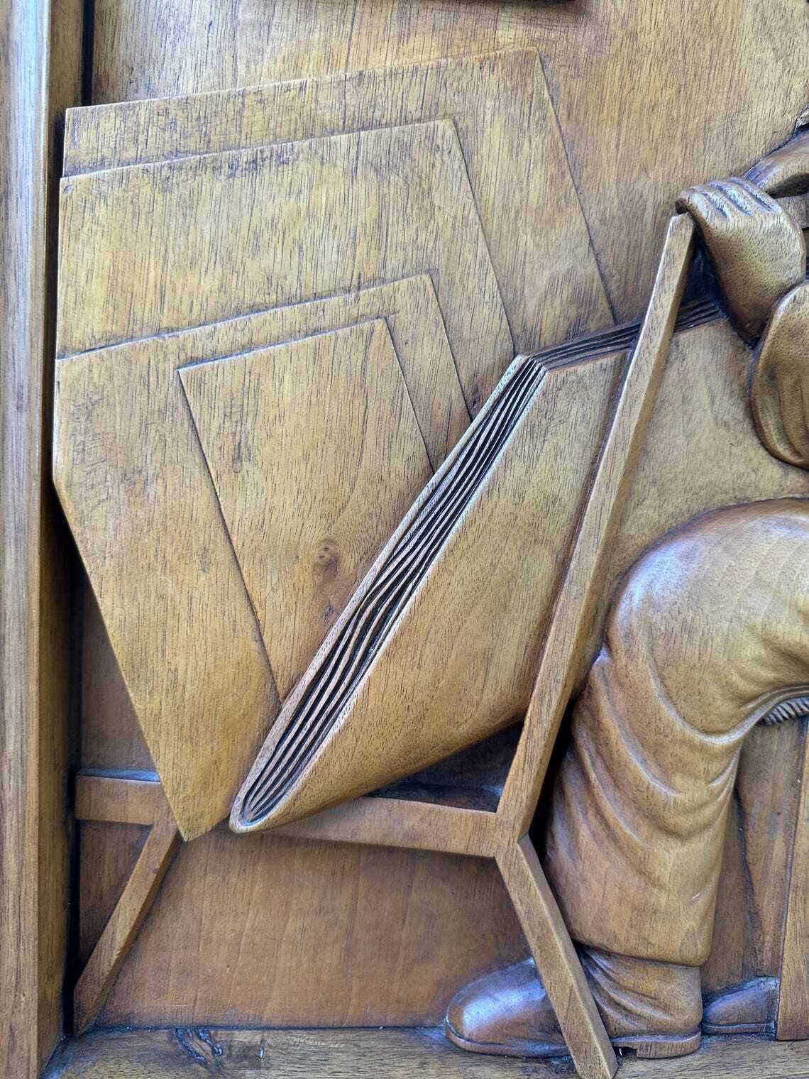 French Wood Relief Sculpture Signed Remy French Carved Walnut Panel Artist At Work 1950s–1960s Architectural Art photo 591.0