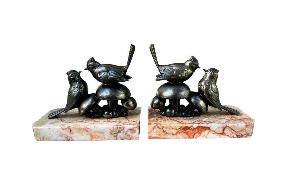 Art Deco Bird Bookends 1930, French Spelter And Marble Bookends Birds On Mushrooms Figurines Gift For Her photo for sale
