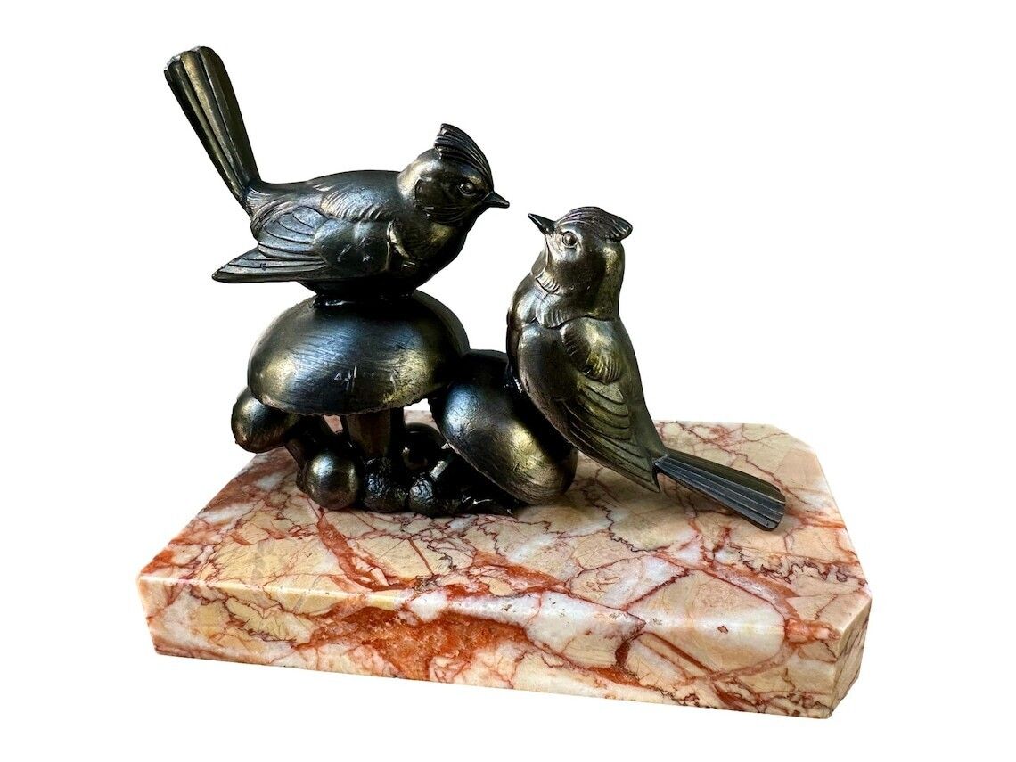 Art Deco Bird Bookends 1930, French Spelter And Marble Bookends Birds On Mushrooms Figurines Gift For Her photo Home Decor