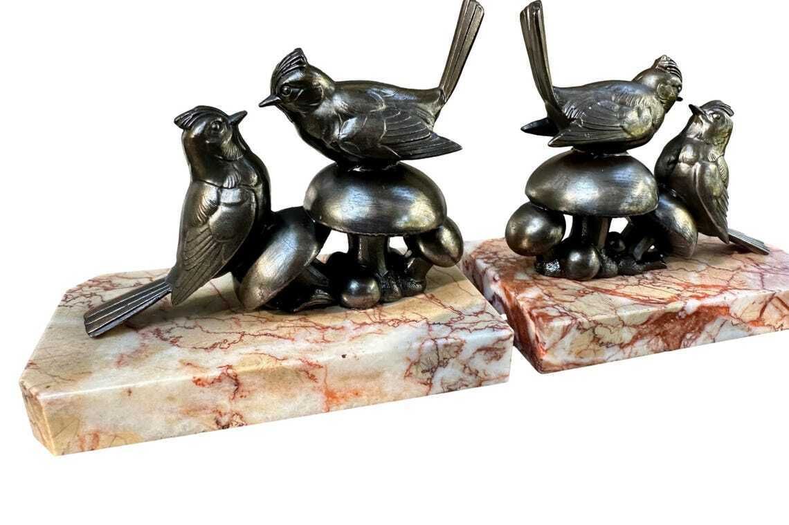Art Deco Bird Bookends 1930, French Spelter And Marble Bookends Birds On Mushrooms Figurines Gift For Her photo 200.0