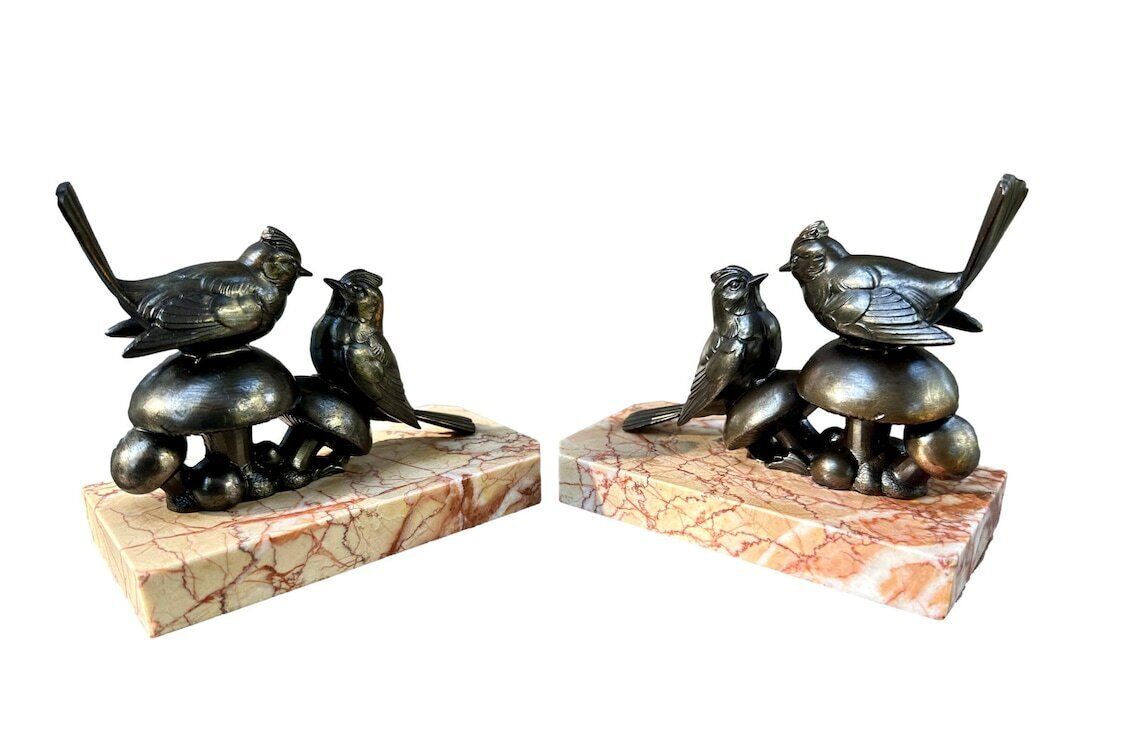Art Deco Bird Bookends 1930, French Spelter And Marble Bookends Birds On Mushrooms Figurines Gift For Her photo buy