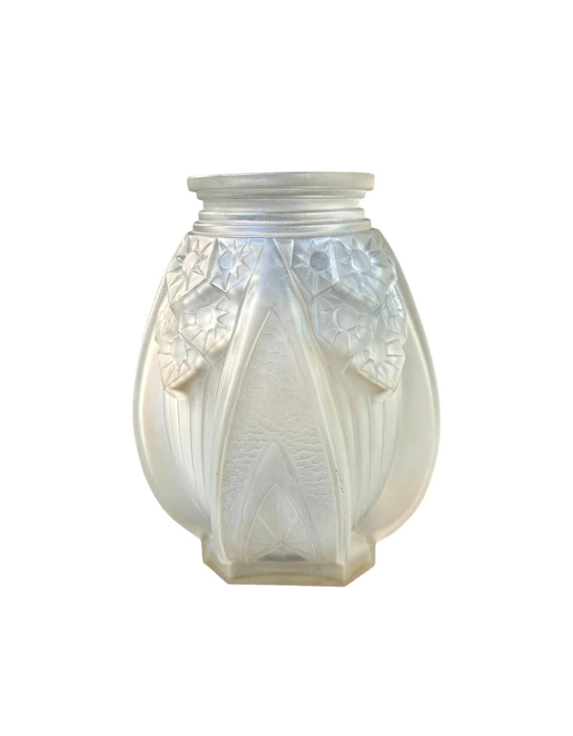 Art Deco Glass Vase Signed Muller Frères French Molded Pressed Glass Circa 1930 Frosted Geometric Design Gift For Her