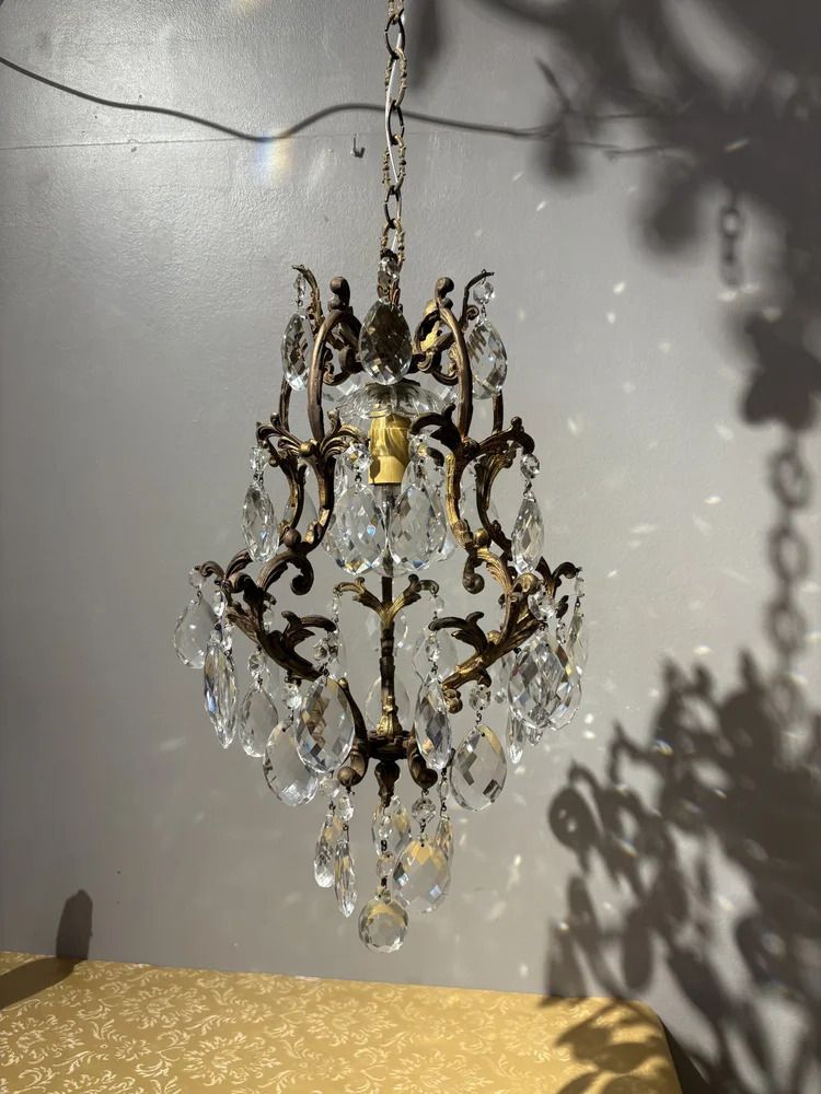 Italian Brass Cage Chandelier With Bohemian Crystals photo for sale