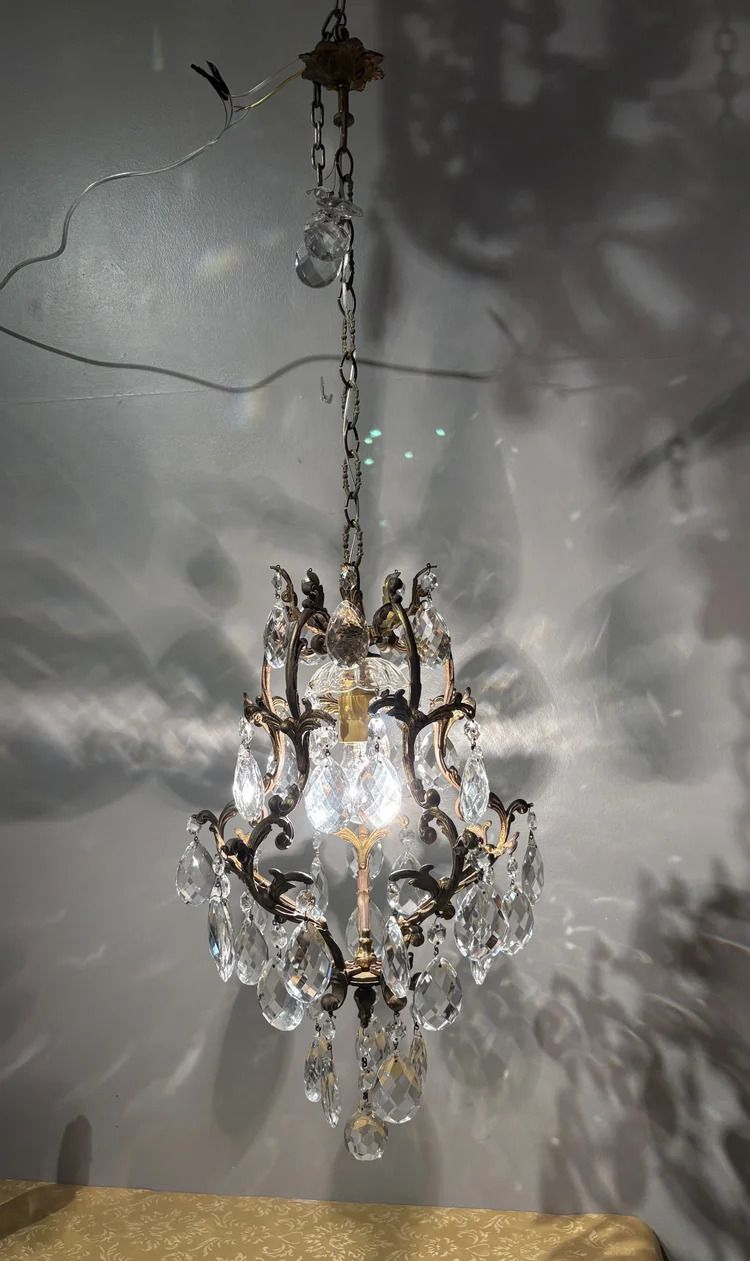 Italian Brass Cage Chandelier With Bohemian Crystals photo 1301.0