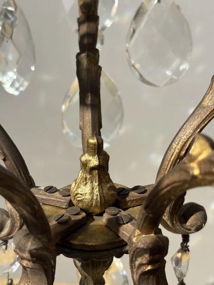 Italian Brass Cage Chandelier With Bohemian Crystals photo vintage