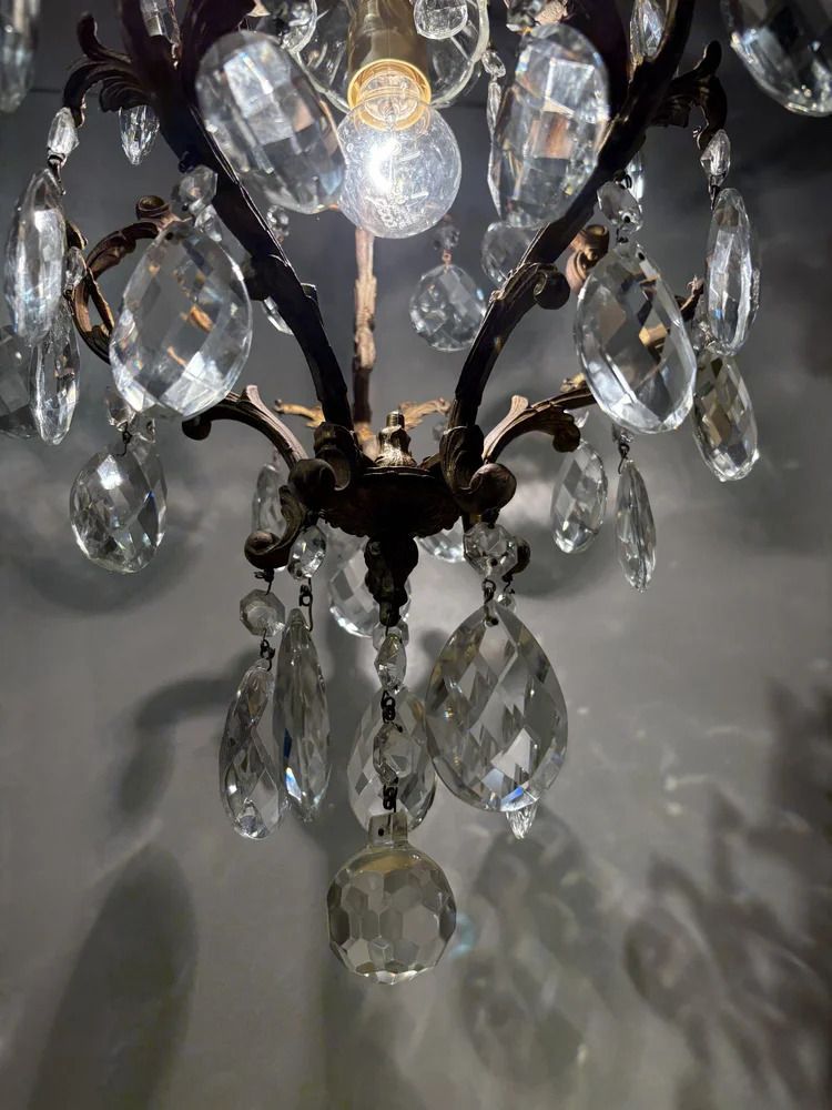photo for sale Italian Brass Cage Chandelier With Bohemian Crystals