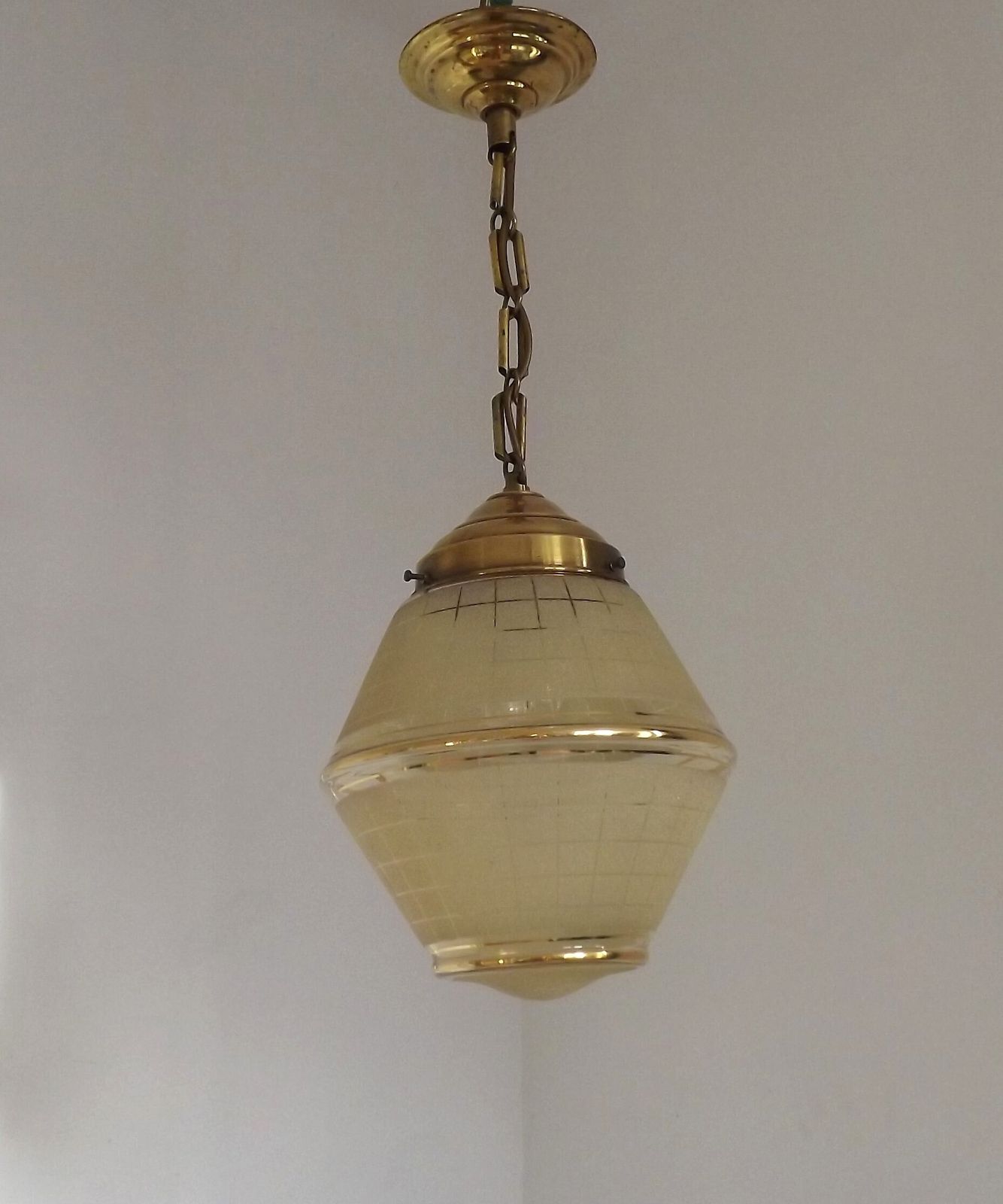 French Yellow & Gold Art Deco Glass Shade Ceiling Light With Brass Fittings