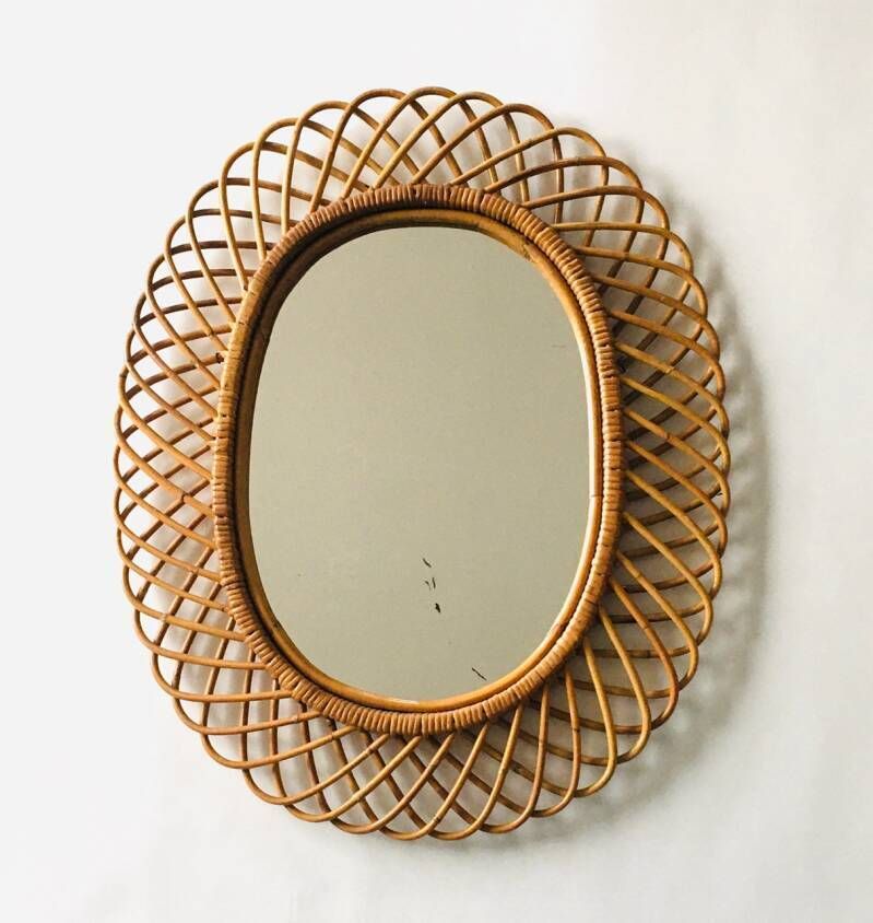 Midcentury Modern Boho Design Bamboo Oval Mirror By Franco Albini For Bonacina, Italy 1960's