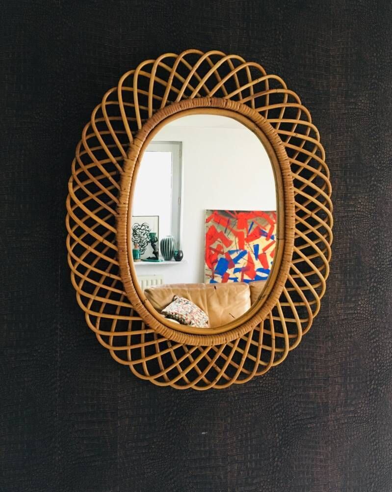 Midcentury Modern Boho Design Bamboo Oval Mirror By Franco Albini For Bonacina, Italy 1960's photo furniture
