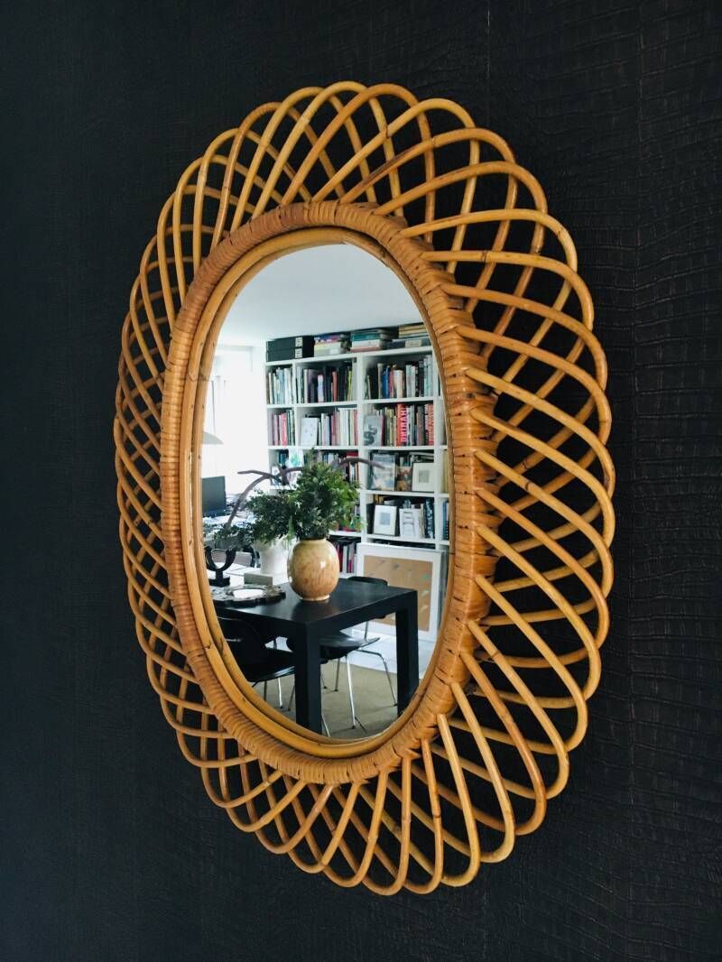photo for sale Midcentury Modern Boho Design Bamboo Oval Mirror By Franco Albini For Bonacina, Italy 1960's