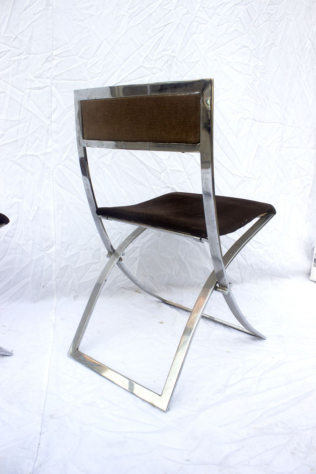 photo for sale Stylish Pair Of 1970s Marcello Cuneo Luisa Folding Chairs – Italian Chrome With Luxe Brown Velvet