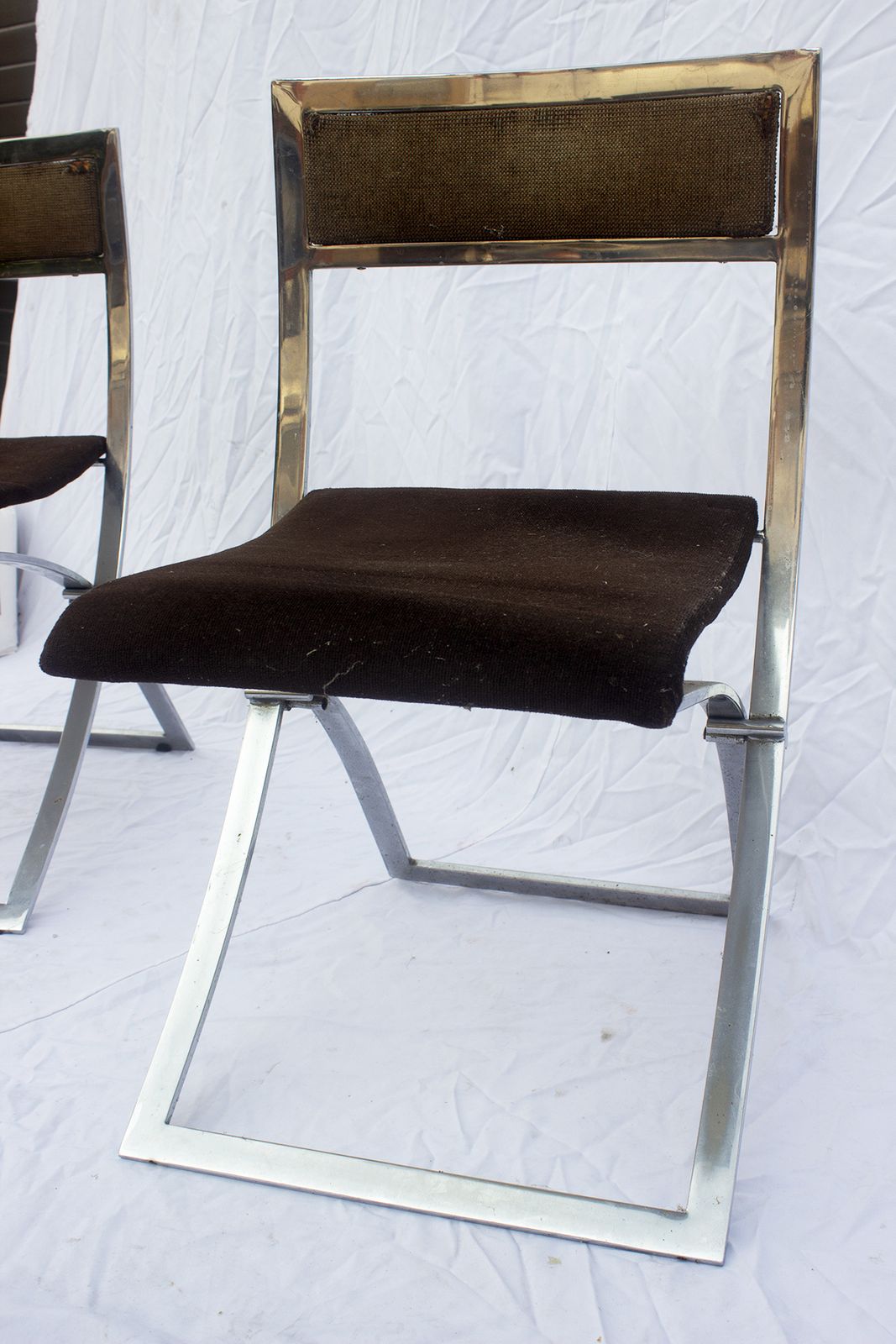 Furniture Stylish Pair Of 1970s Marcello Cuneo Luisa Folding Chairs – Italian Chrome With Luxe Brown Velvet photo