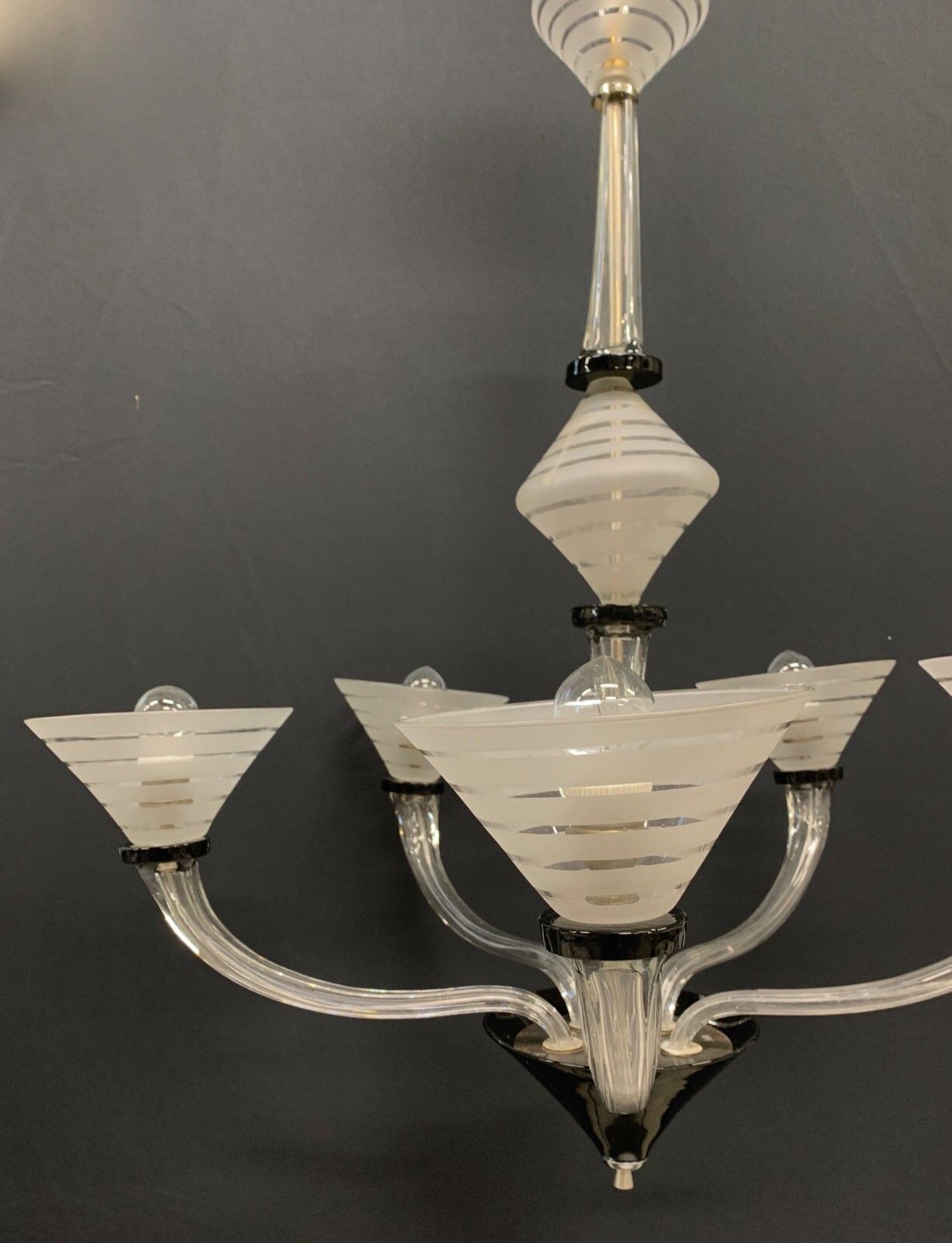 Murano Glass Chandelier 5 Arms Clear Black Sandblasted Venins photo for sale