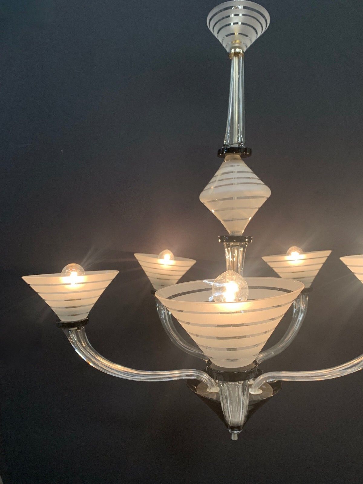 Murano Glass Chandelier 5 Arms Clear Black Sandblasted Venins photo Lighting
