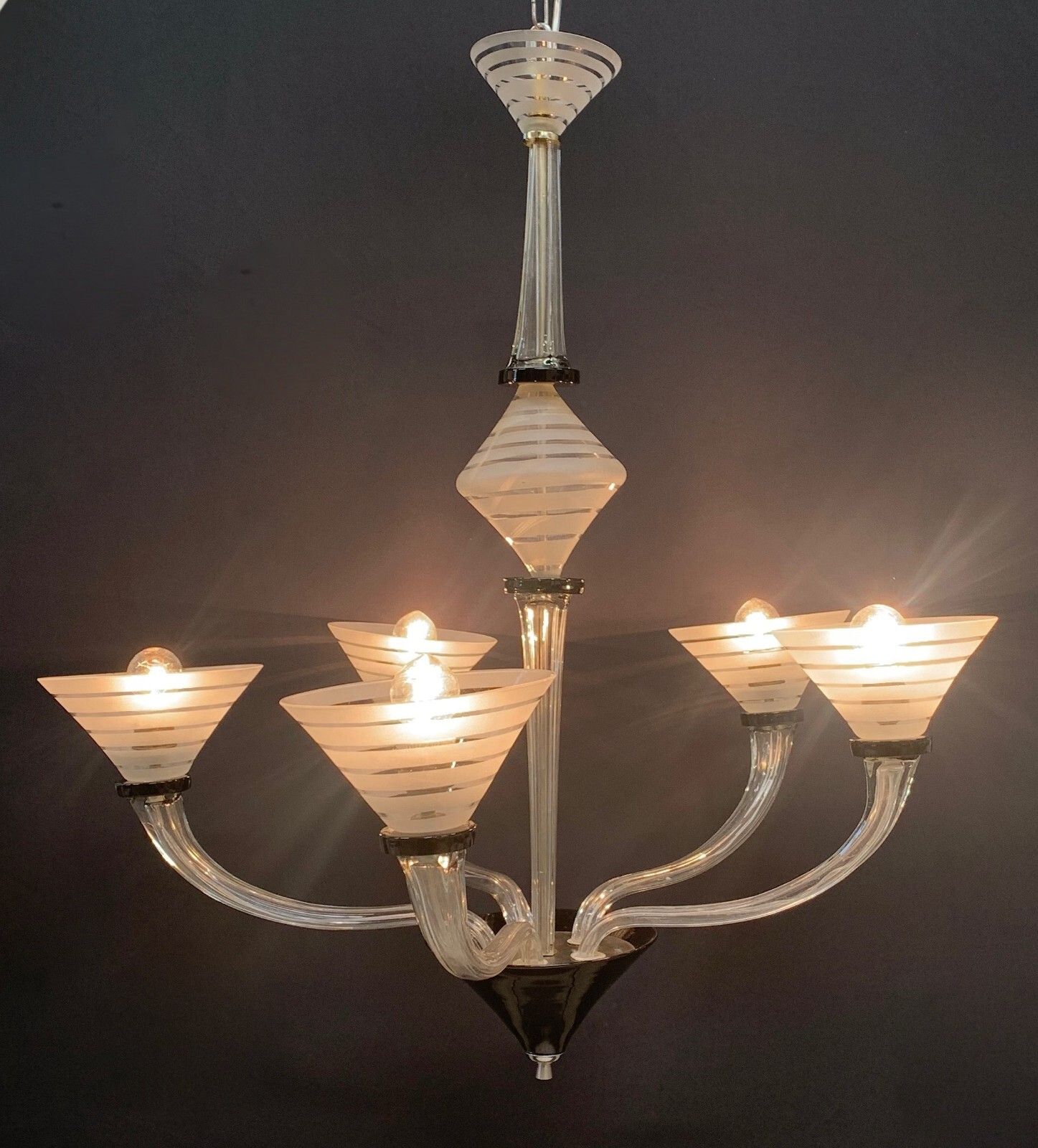Murano Glass Chandelier 5 Arms Clear Black Sandblasted Venins photo 2174.0