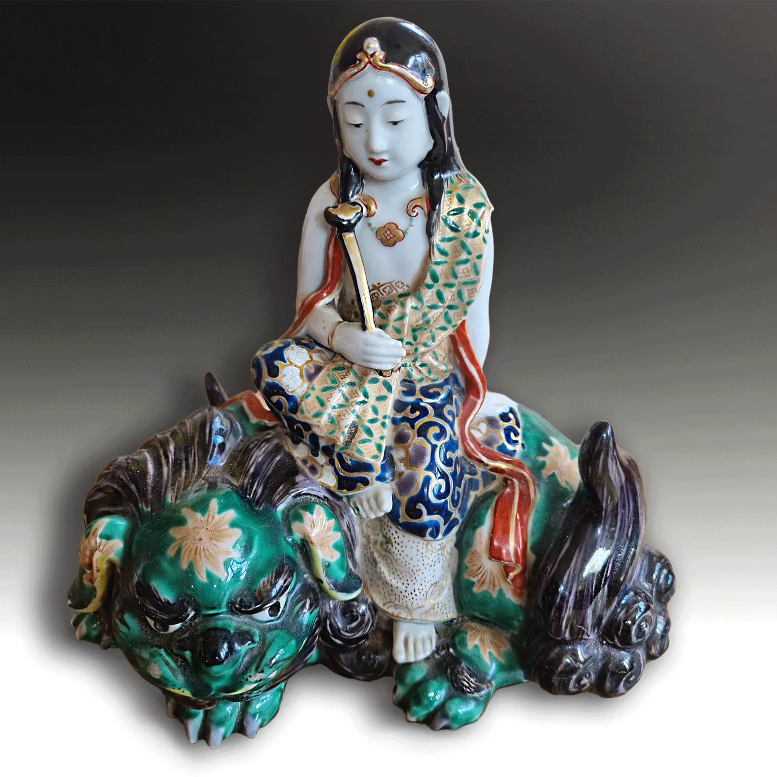 Japanese Meiji Period Kutani "Kannon On Shishi" Exceptionally Decorated 21cm W photo furniture