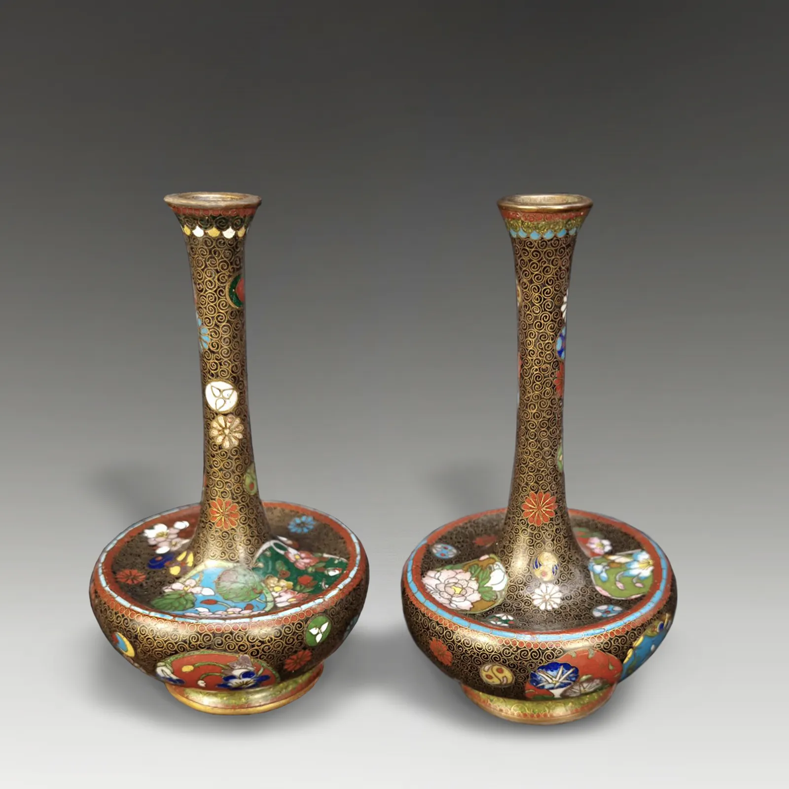 Japanese Cloisonne Pr Incense Vases Attrib. Takahara Komajiro  Meiji 19thc 12cm photo furniture