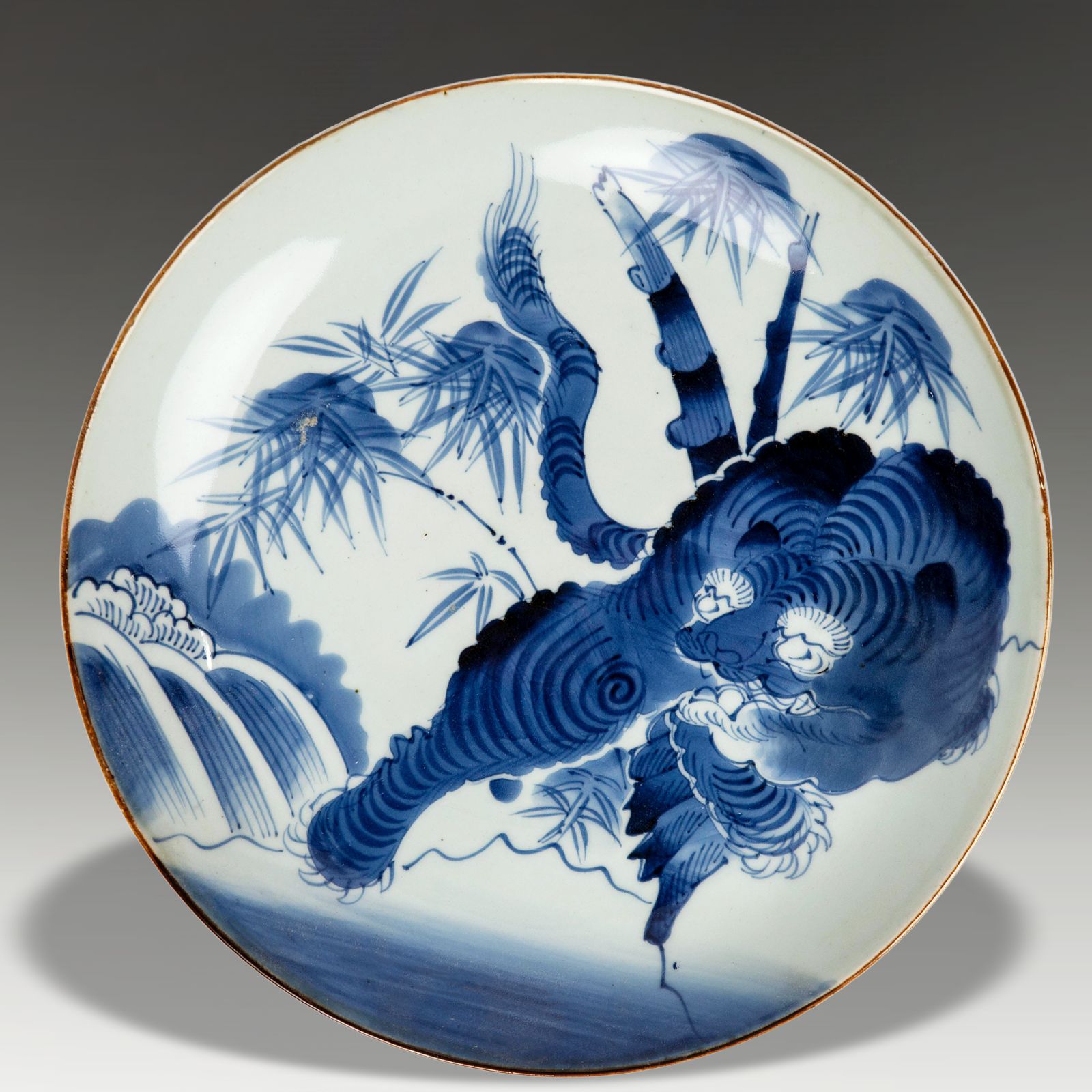 Japanese Edo Period Arita Charger  Tiger & Bamboo By A Waterfall Diameter 33cm